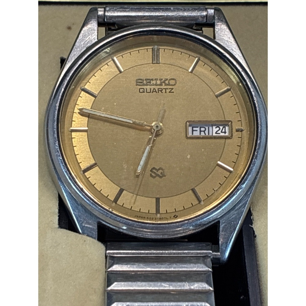 SEIKO SQ Watch Gold Dial Day/Date 5G23-8059 WR Silver Tone SS Bezel Band W/Box - Picture 12 of 17